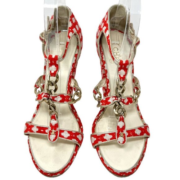 Chanel Red White Tweed Gold Chain Logo Strappy Block High Heels Sandals - Picture 2 of 10